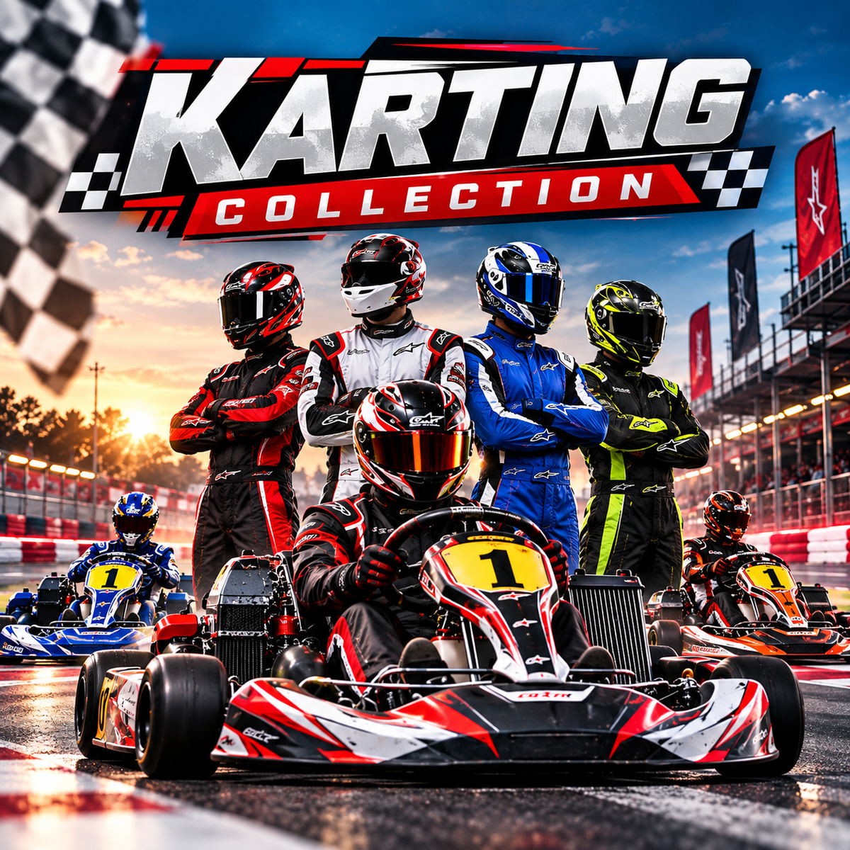 Karting Collection featuring racing drivers, go-karts and professional karting suits on a racing track