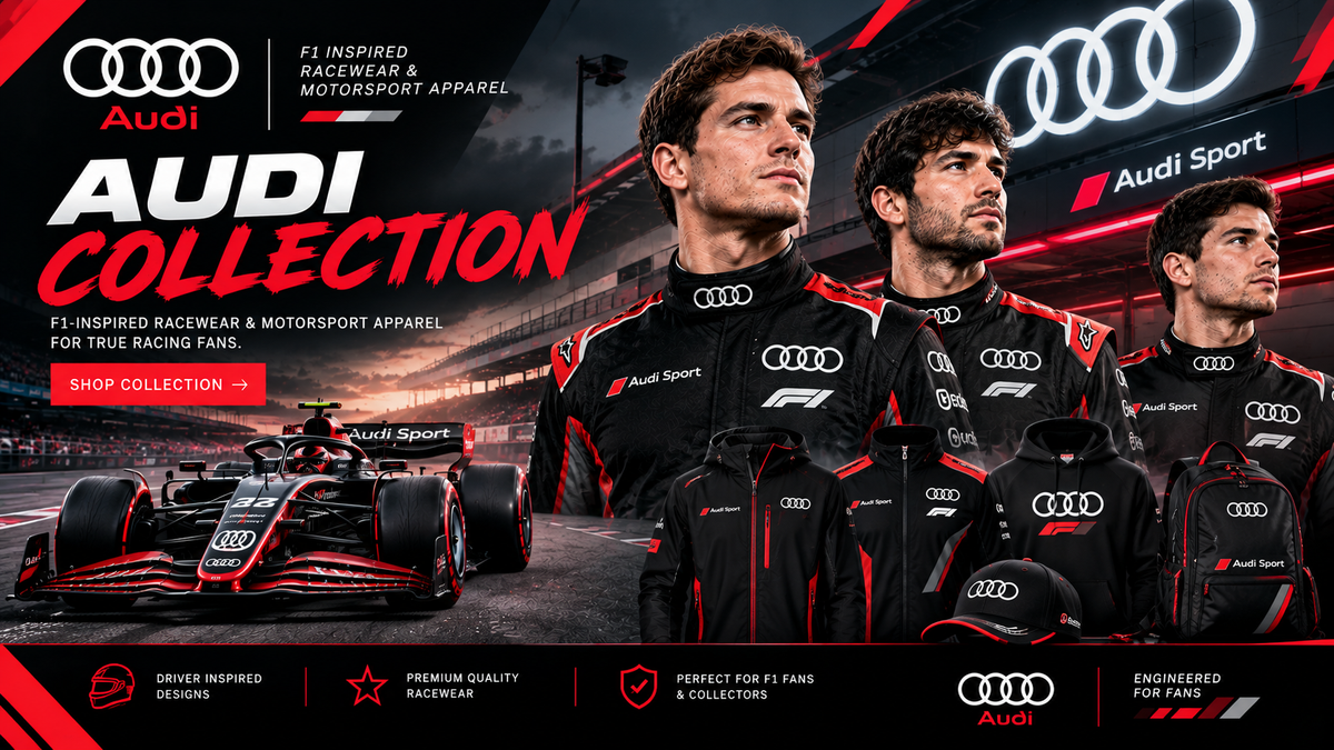 Audi F1-inspired collection featuring black, red and white racewear and motorsport apparel