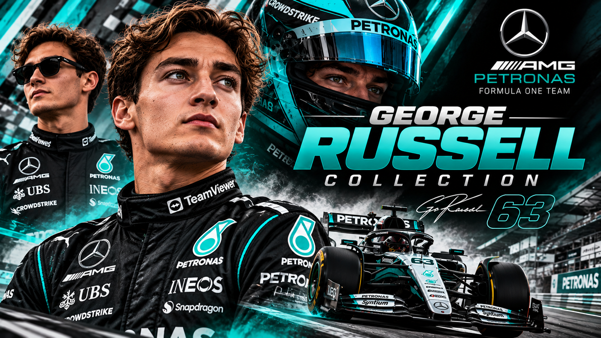 George Russell collection featuring F1 racing jacket, Mercedes-inspired race car and motorsport apparel