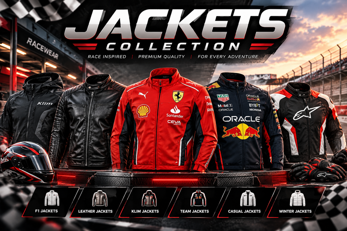 Premium Jackets Collection featuring F1 racing, leather, team, Klim-style and motorsport jackets