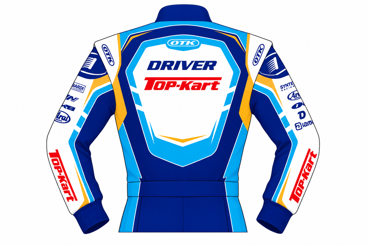 Top-Kart blue and white racing suit back view with DRIVER and Top-Kart branding