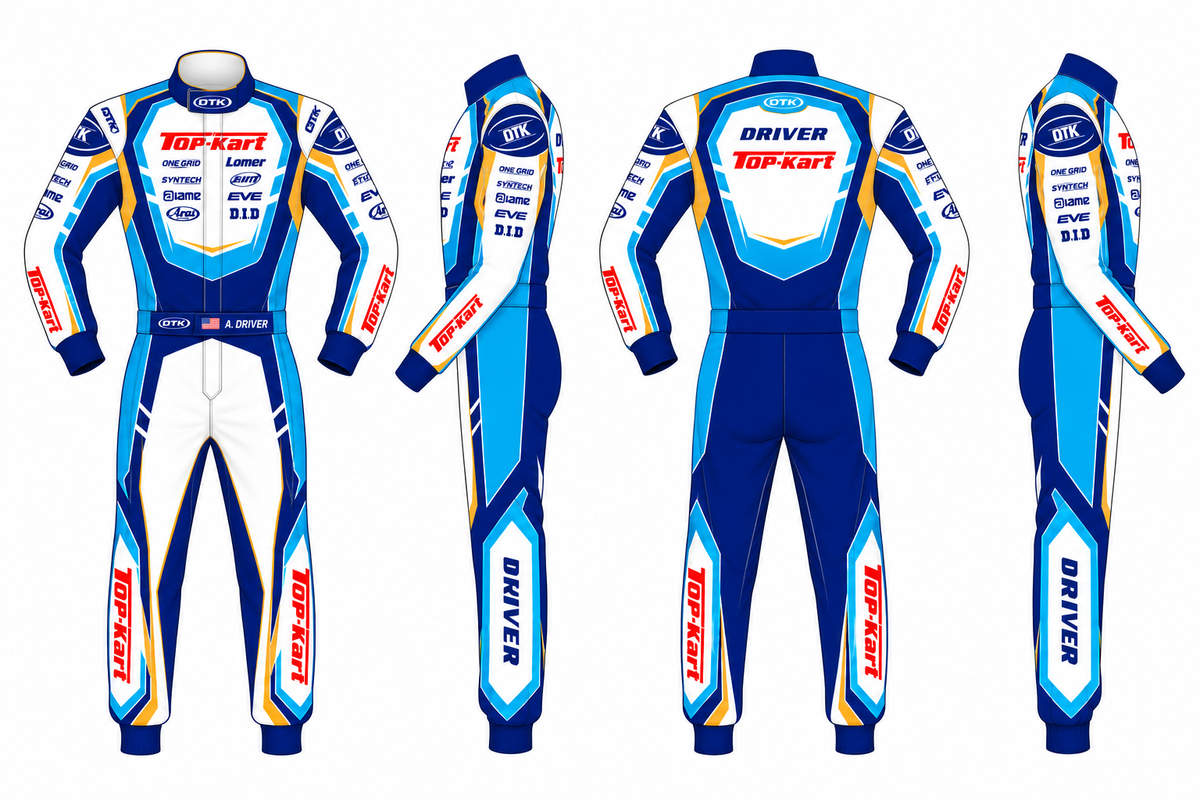 Top-Kart blue and white karting racing suit shown in front, side and back views