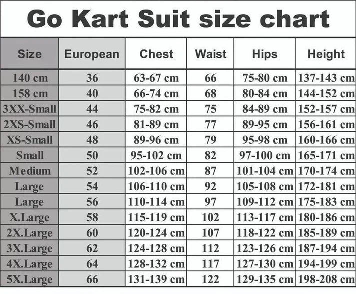 Top-Kart go kart racing suit size chart with chest waist hips and height measurements