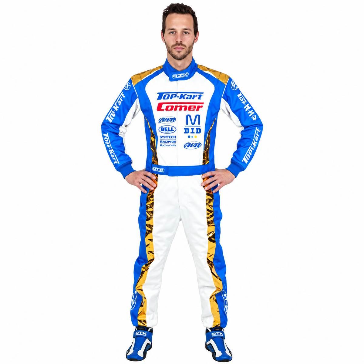 Top-Kart Comer blue and white karting racing suit worn by a driver