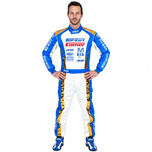 Top-Kart Comer blue and white karting racing suit worn by a driver