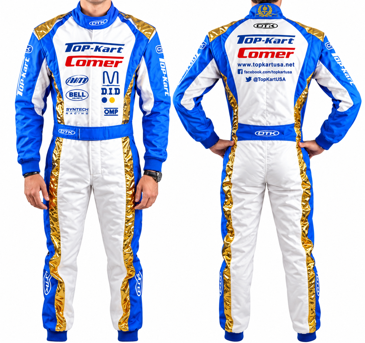 Top-Kart Comer blue white and gold racing suit front and back view
