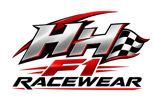 HH F1 Racewear premium racing logo with metallic silver lettering, red accents, a racing helmet and checkered flag design