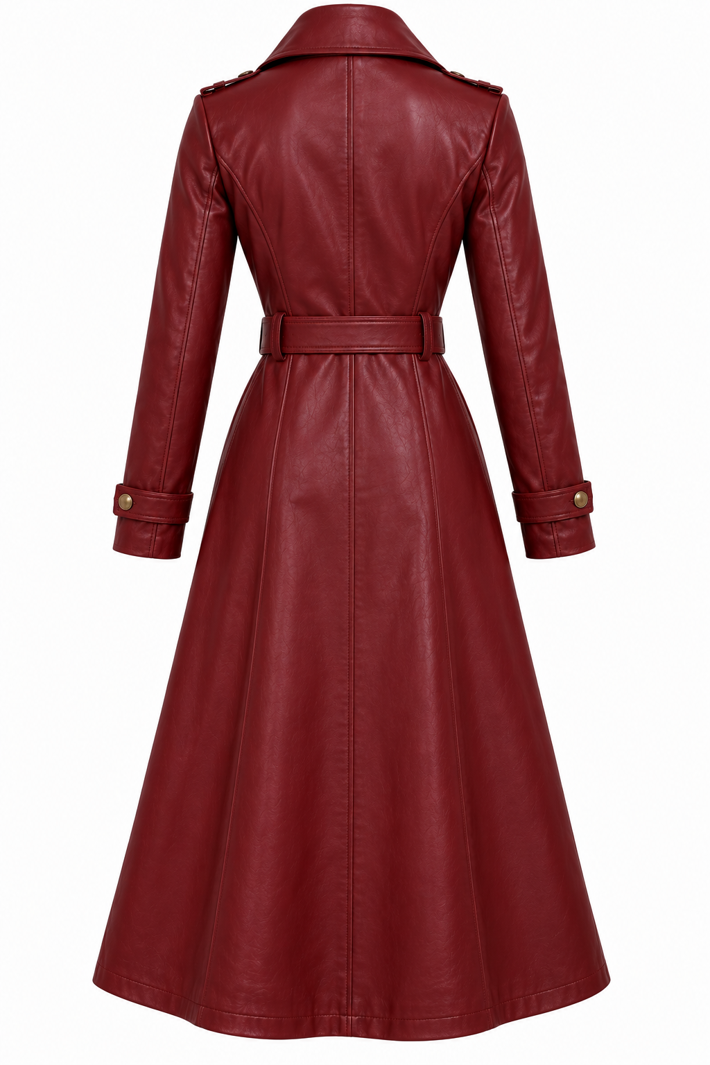 Back view of a burgundy leather trench coat featuring a fitted waist belt and flared hem