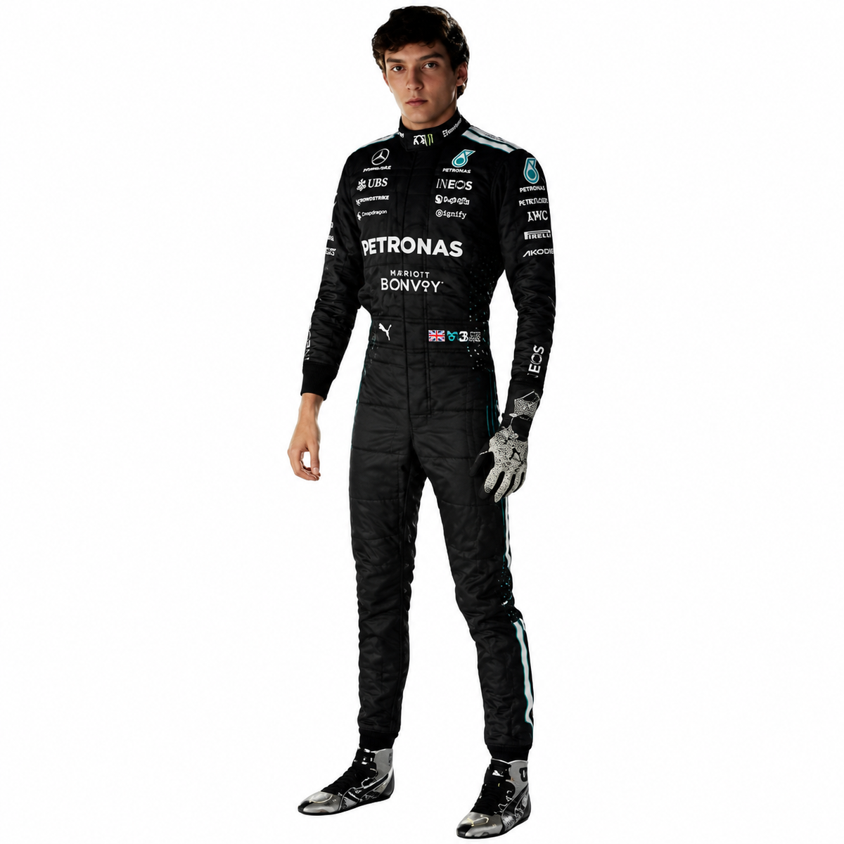 Full-body view of a black Petronas-inspired Formula racing suit with teal accents and motorsport sponsor-style graphics against a white background.