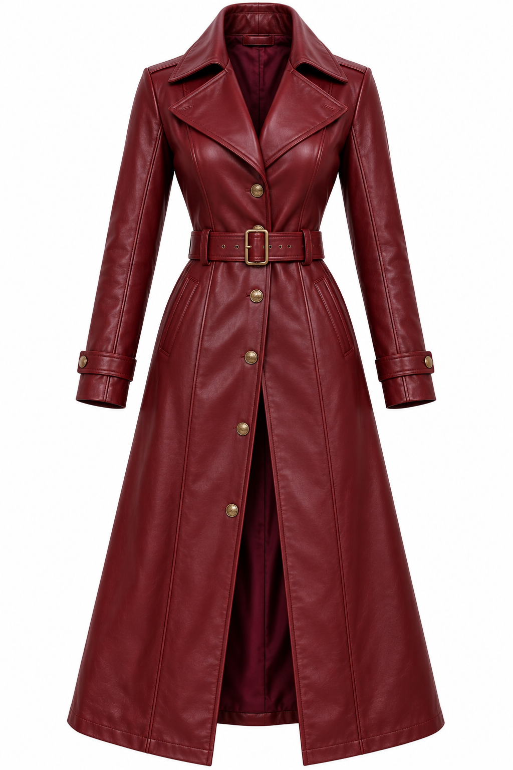Burgundy leather trench coat with belt and long tailored