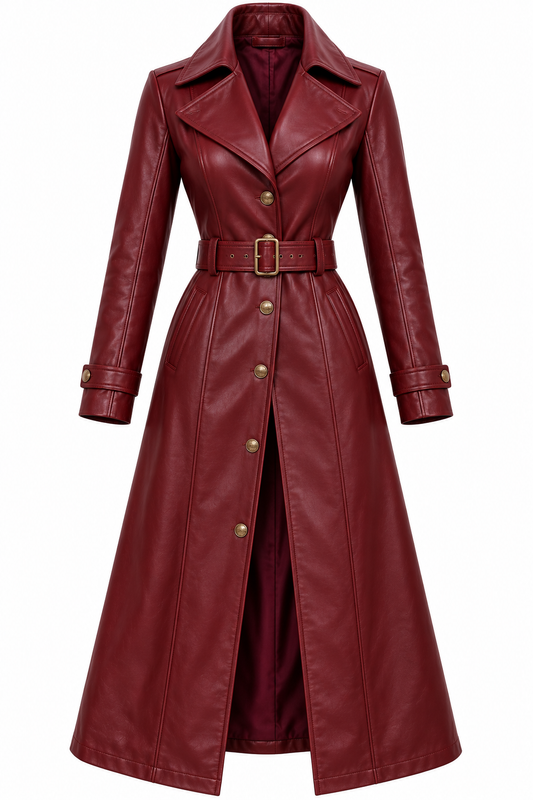 Burgundy leather trench coat with belt and long tailored