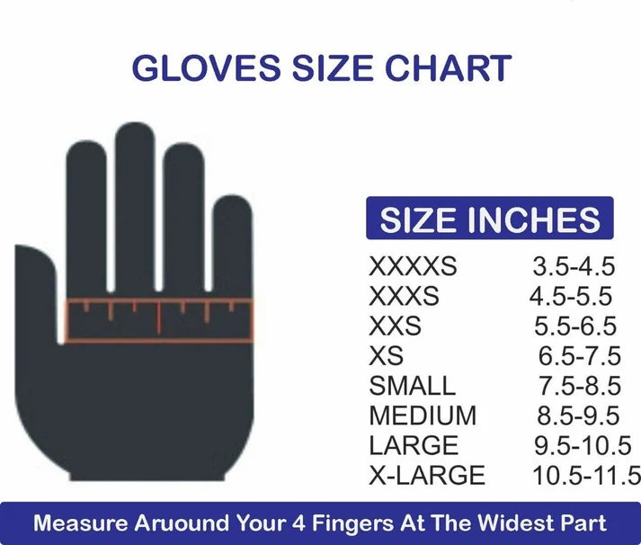 Top-Kart racing gloves size chart showing sizes XXXXS to X-Large in inches
