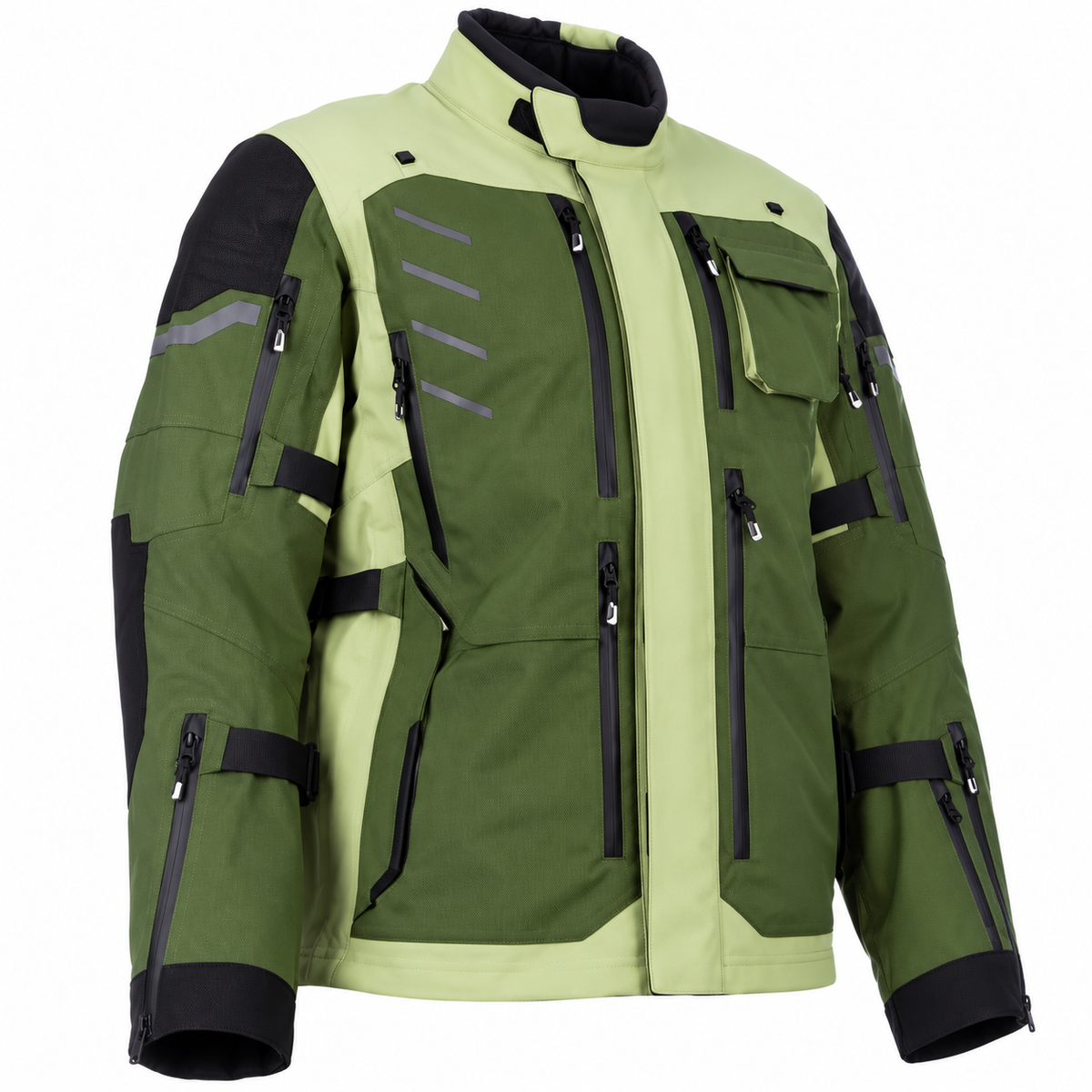 Angled view of a two-tone green and black motorcycle touring jacket with adjustable cuffs and multiple pockets.