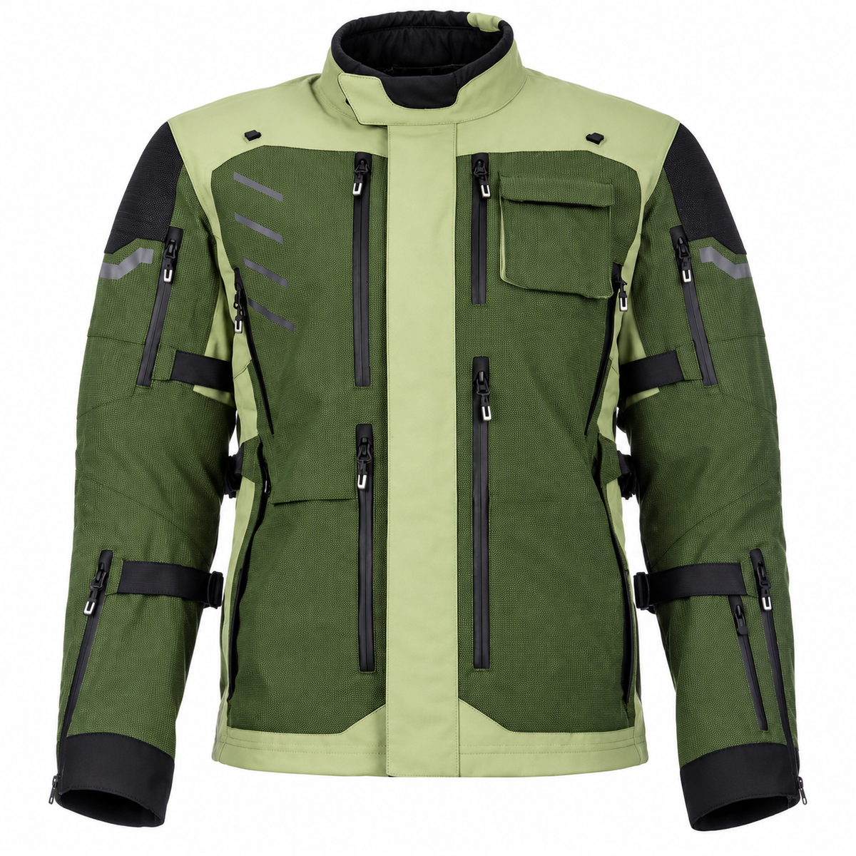 Front view of a green adventure riding jacket with black panels, high collar, and zippered pockets.