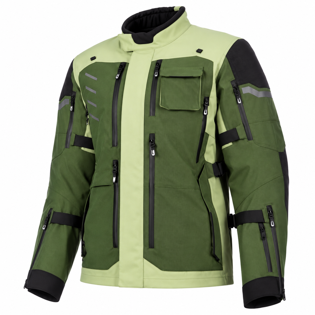 Angled view of a two-tone green and black motorcycle touring jacket with adjustable cuffs and multiple pockets.