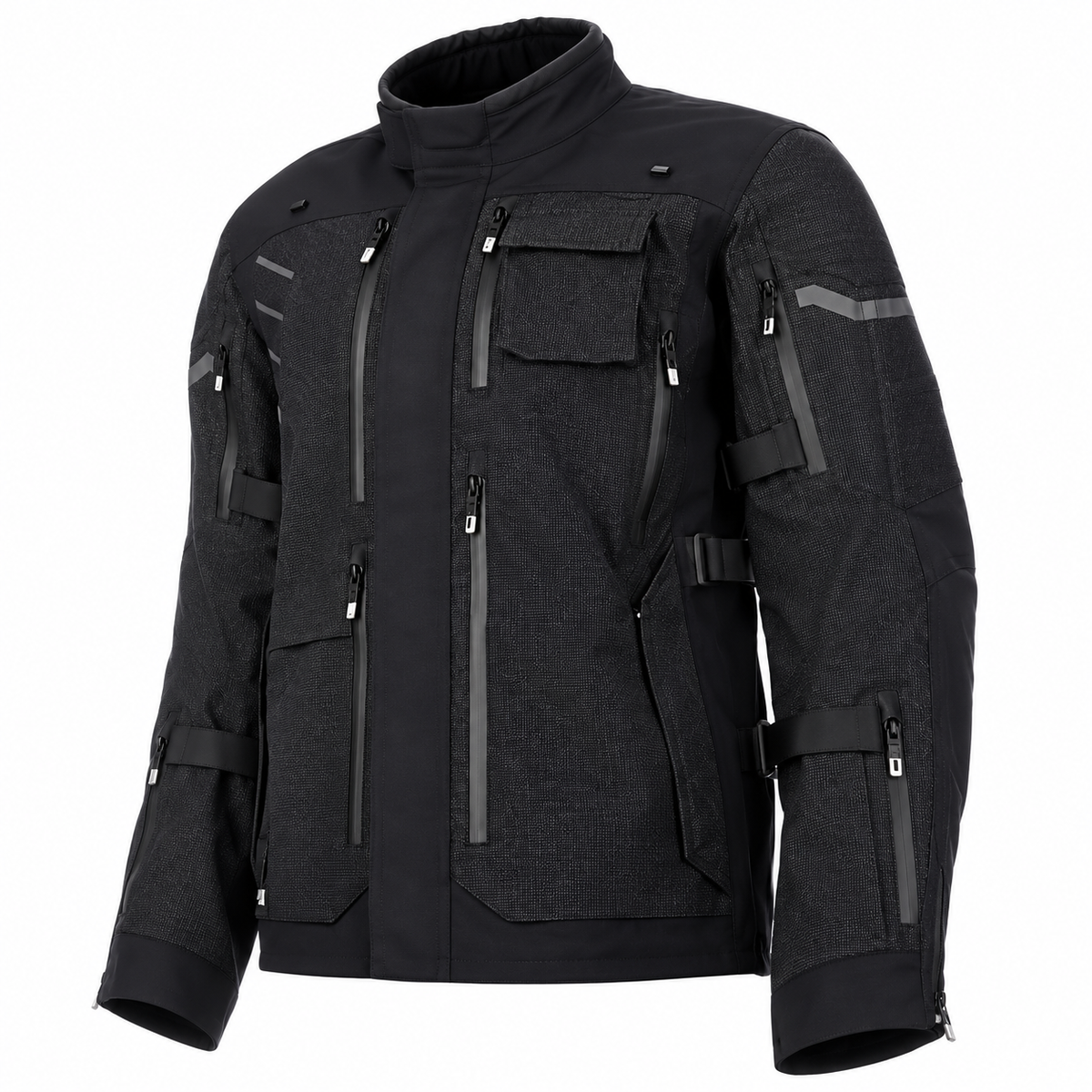 KLIM Rogue black motorcycle jacket three-quarter view showing technical fabric panels, chest pockets, and sleeve adjustment straps.