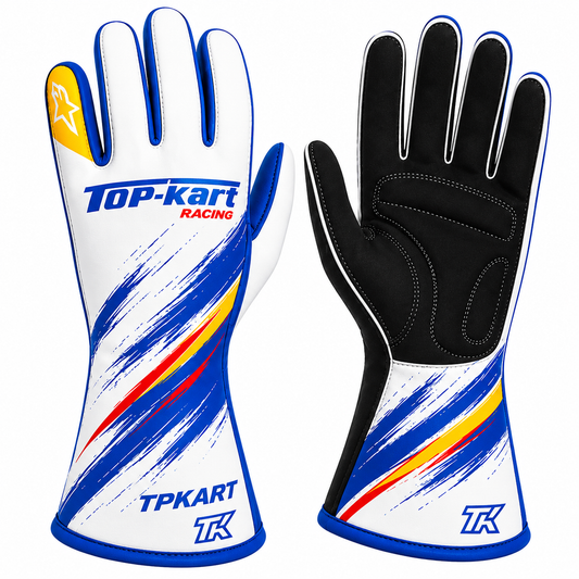 Top-Kart racing gloves in white and blue with red yellow graphics and black palm