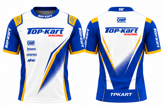 Top-Kart blue white and yellow racing shirt front and back view