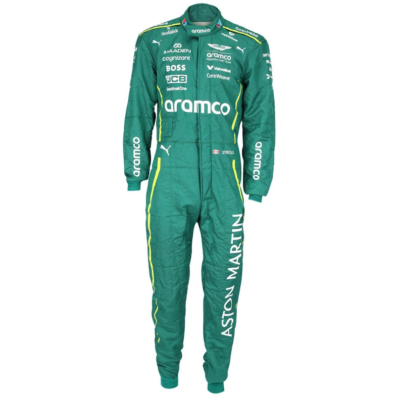 Lance Stroll 2025 Aston Martin Formula 1 green racing suit front and back view