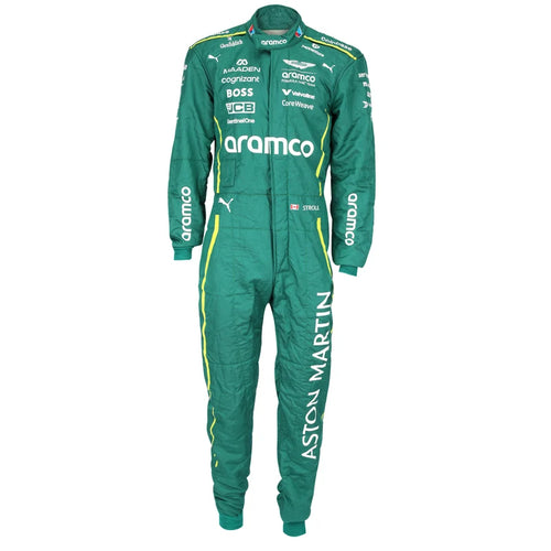 Lance Stroll 2025 Aston Martin Formula 1 green racing suit front and back view