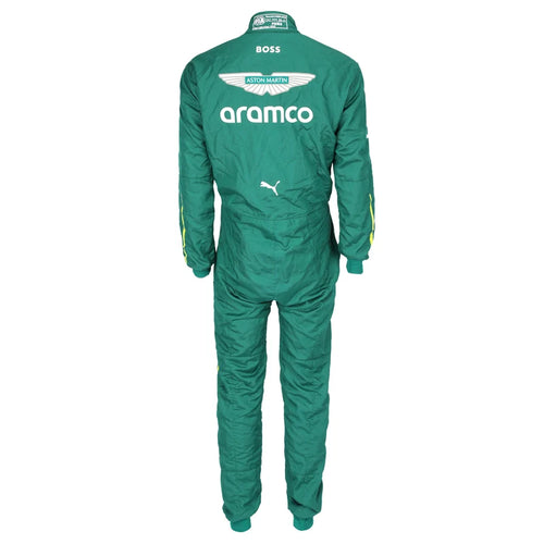 Green racing suit with Aramco and Aston Martin logos on a white background