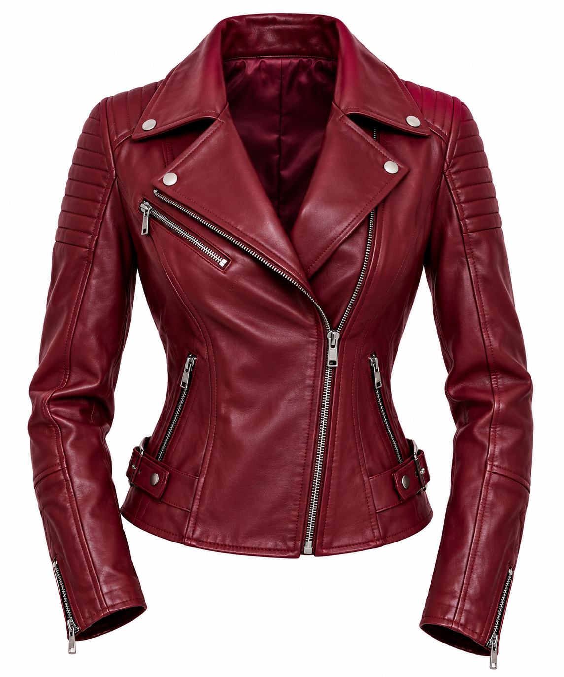 Burgundy women's leather biker jacket with asymmetrical zipper and quilted shoulders on a white background