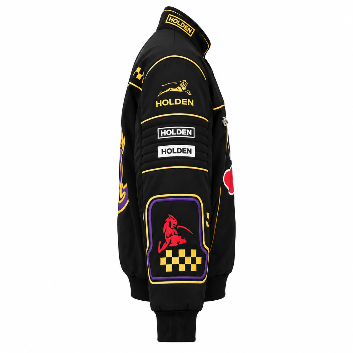 Side view of a black Holden racing jacket with yellow trim, checkered racing accents, colorful sleeve patches, and ribbed detailing.