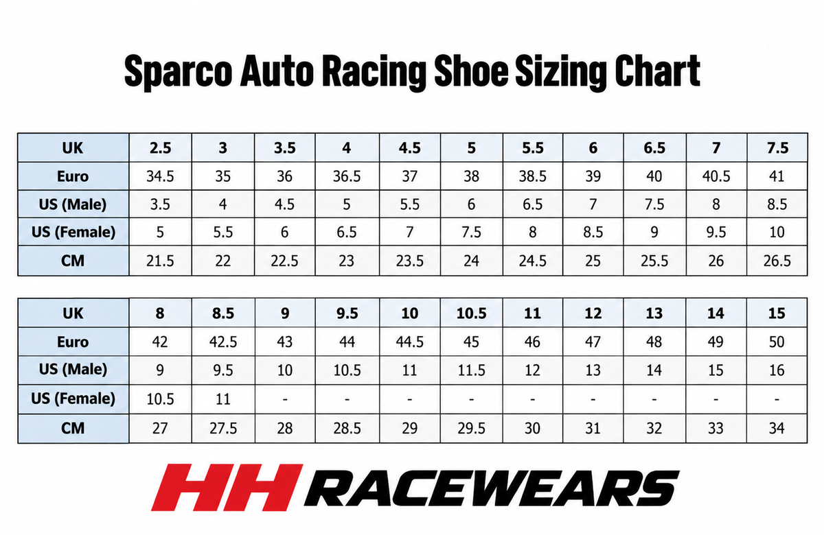 HHRACEWEAR SHOES CHART 