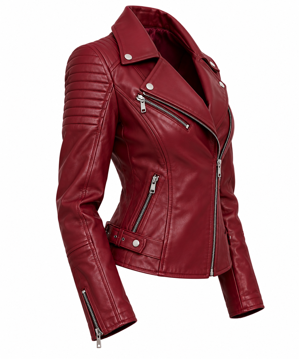 Side view of a burgundy leather moto jacket featuring zippered pockets, fitted shape, and silver hardware.