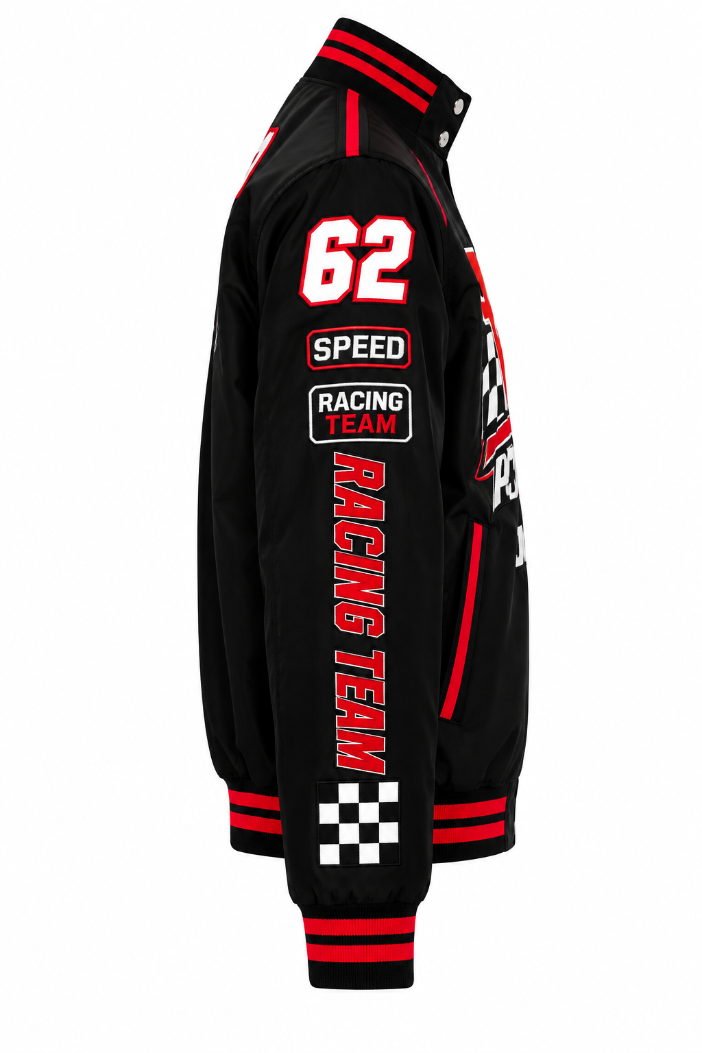 Side view of a vintage racing bomber jacket with contrasting red stripes and retro motorsport-inspired details.