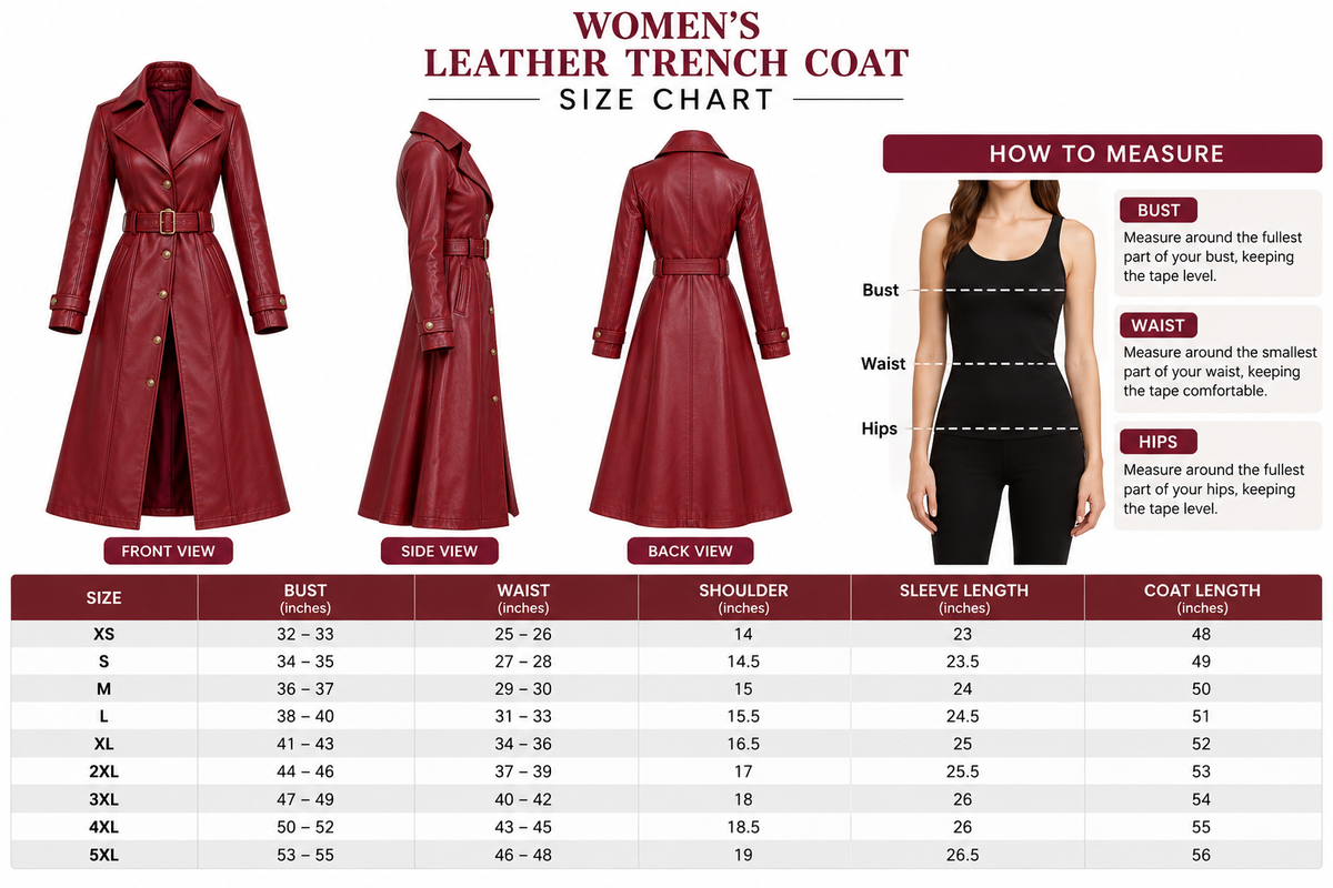 Women's burgundy leather trench coat size chart with XS to 5XL sizing and measurement guide