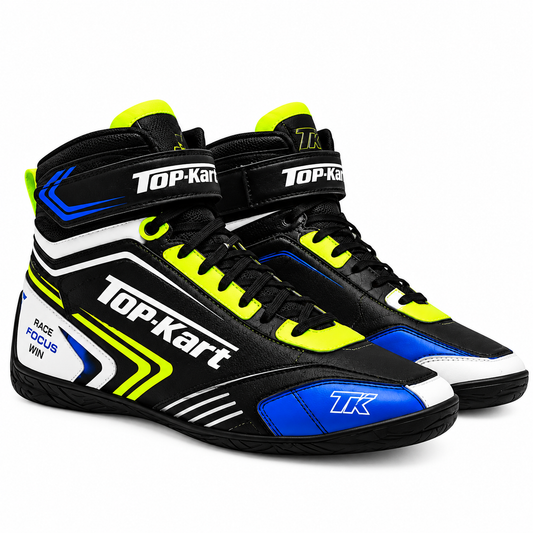 Top-Kart black racing shoes with neon yellow, blue and white accents, ankle straps and black soles.