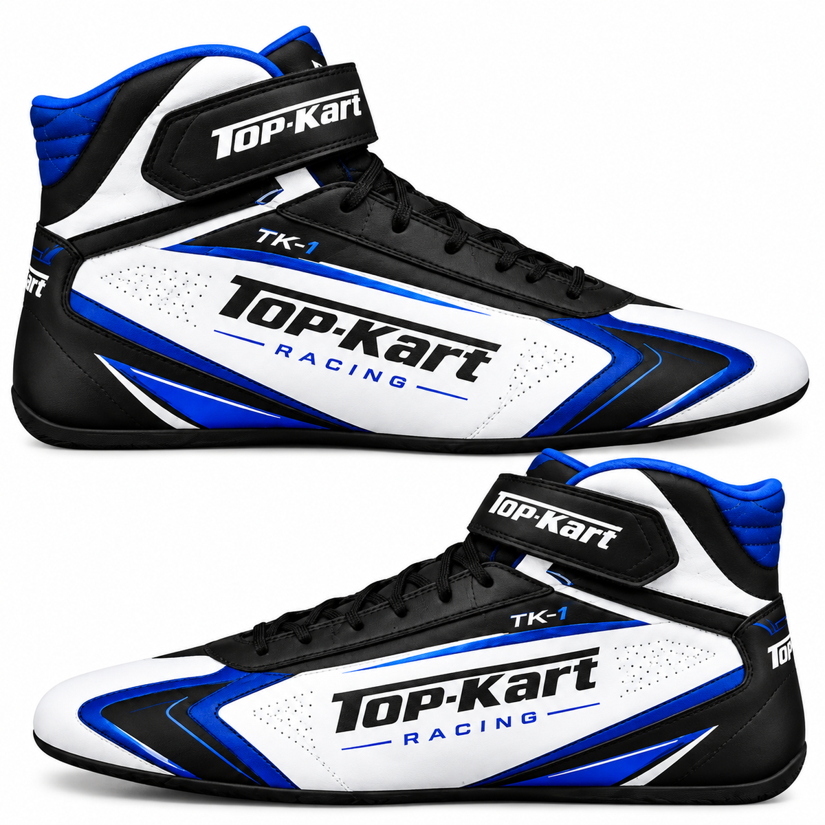 Top-Kart TK-1 black, white and blue high-top racing shoes with ankle straps, black laces and racing graphics.