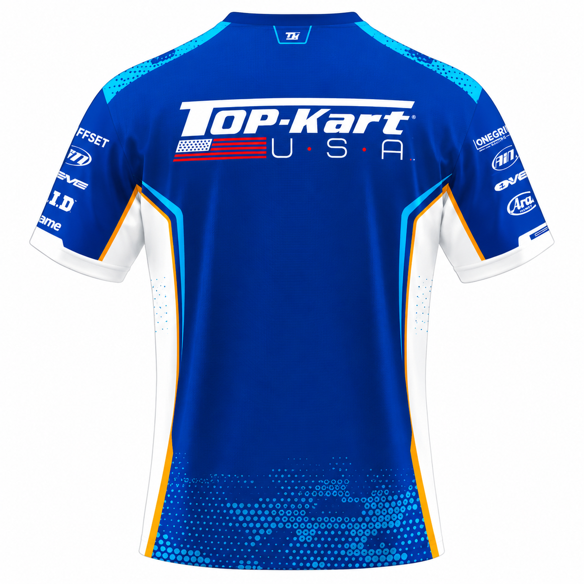 Top-Kart USA blue racing shirt back view with American flag graphic and sponsor details