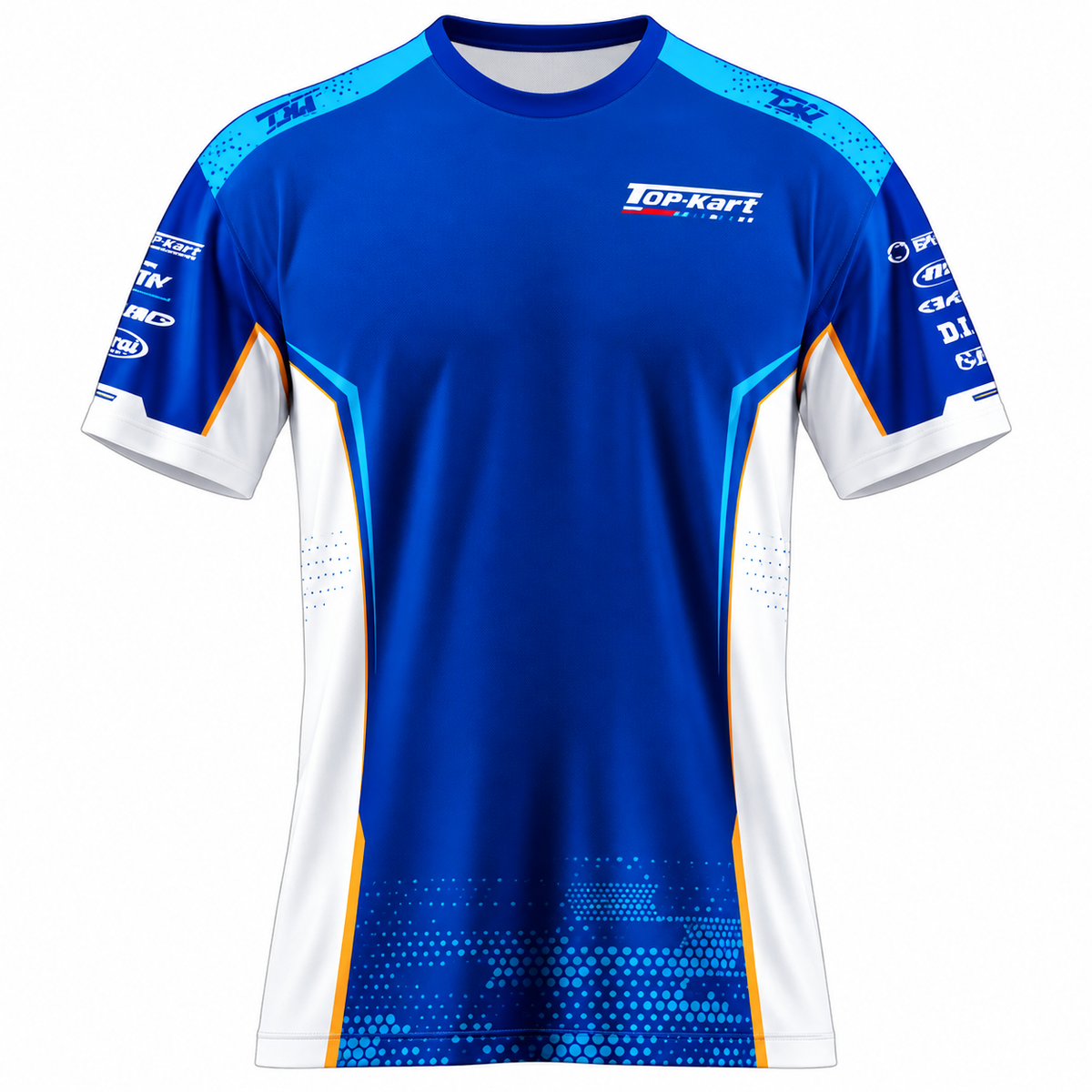 Top-Kart blue and white USA racing shirt front view with cyan and gold accents