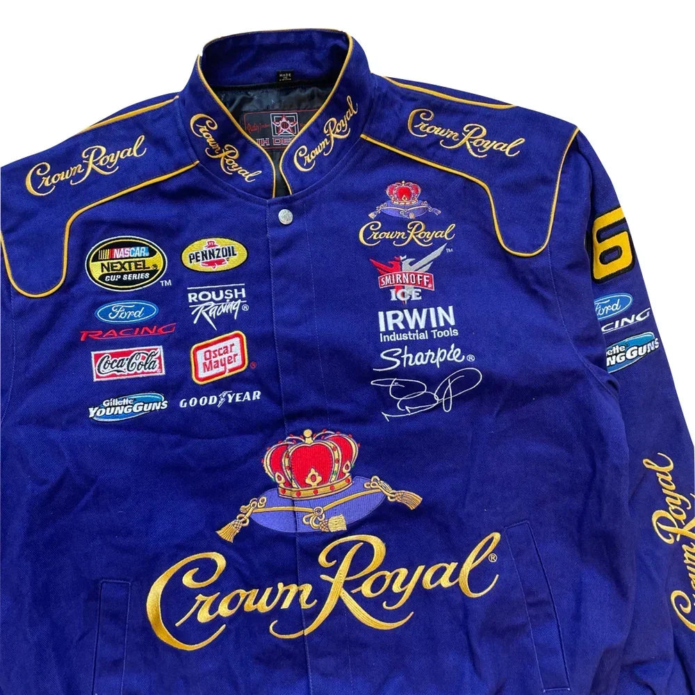 Vintage Crown Royal NASCAR racing jacket front view in royal blue and gold with sponsor patches