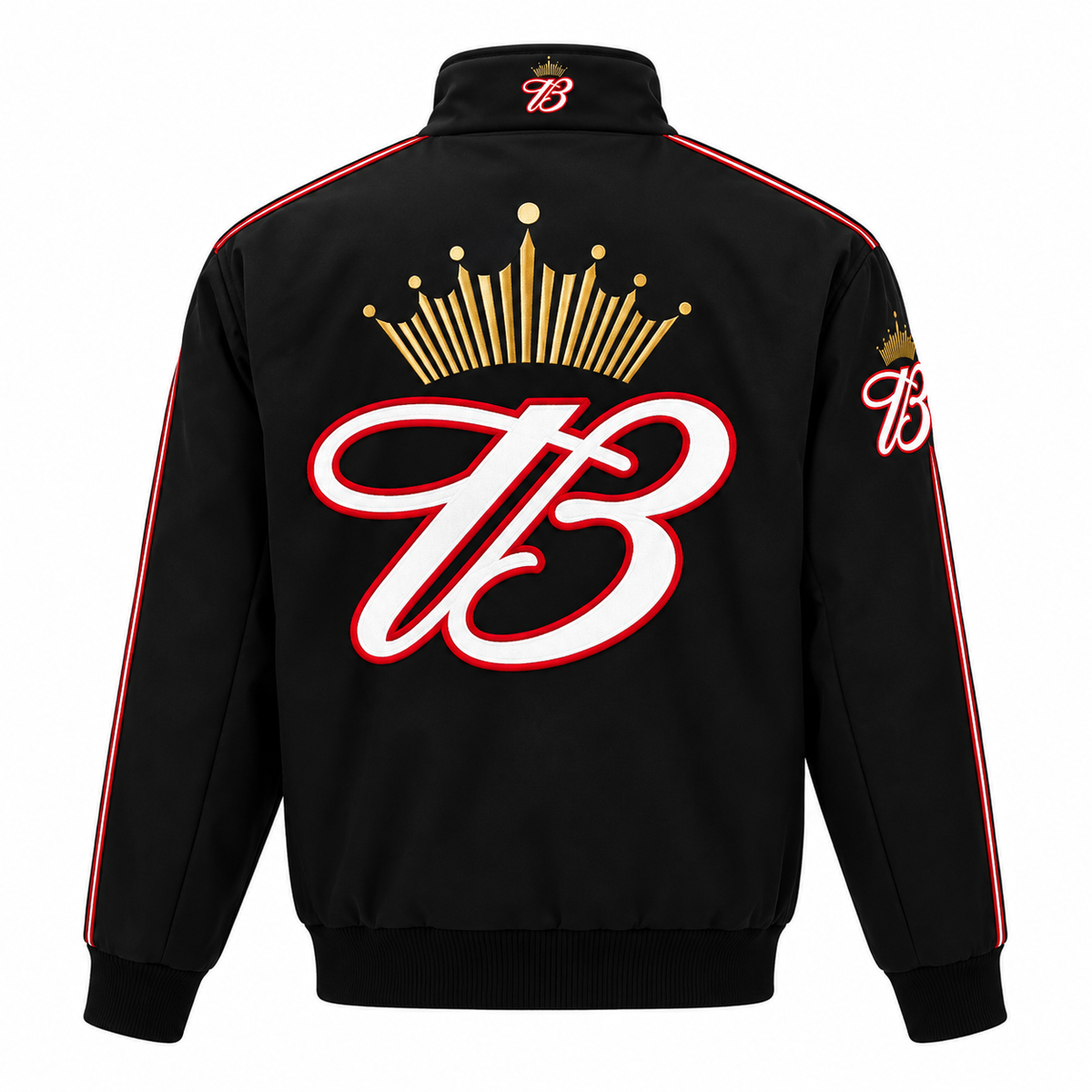 Back view of a black vintage racing bomber jacket featuring bold racing graphics and red and white detailing.