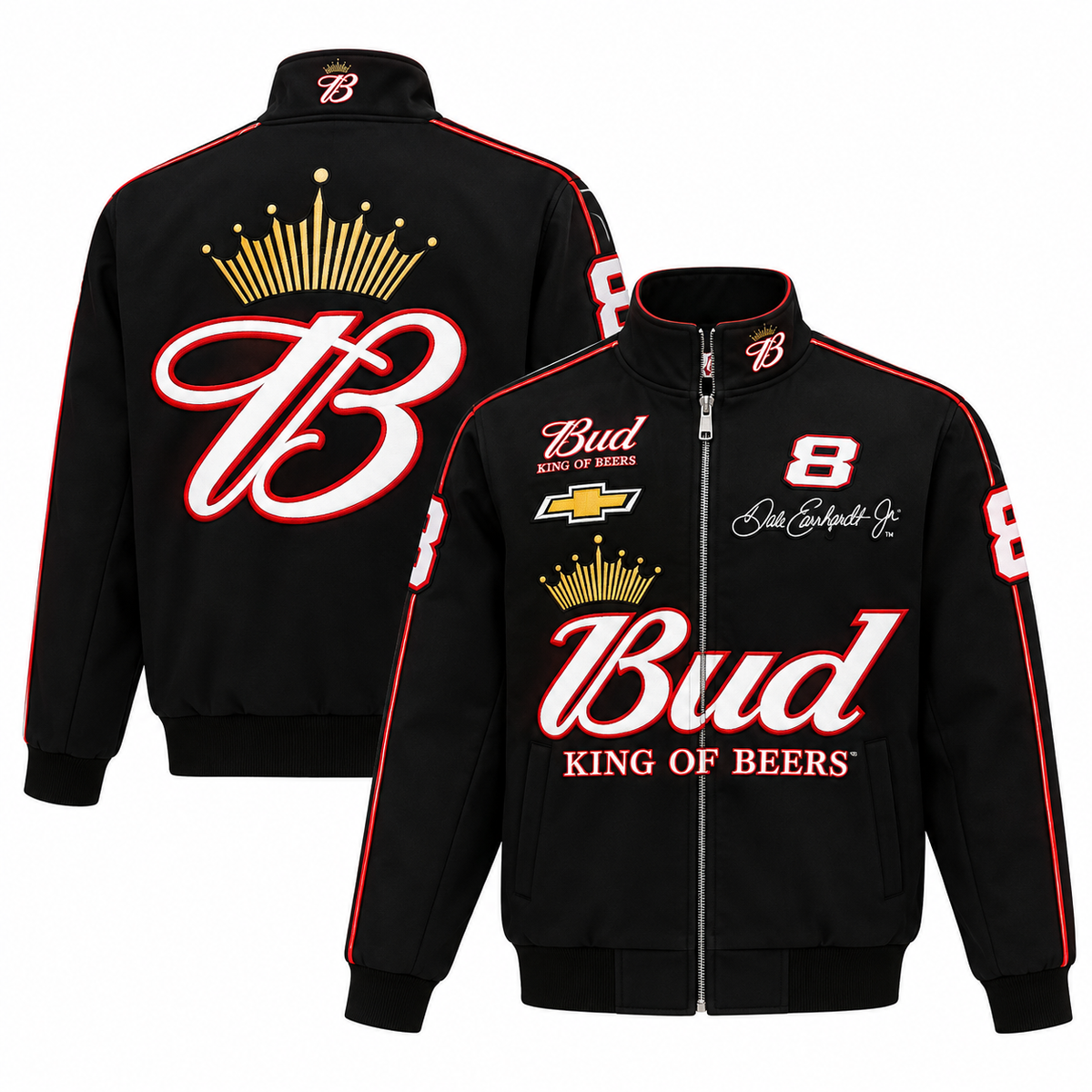 Black bomber racing jacket with red and white accents, retro motorsport graphics, and full zip closure.