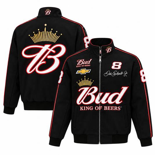 Black bomber racing jacket with red and white accents, retro motorsport graphics, and full zip closure.