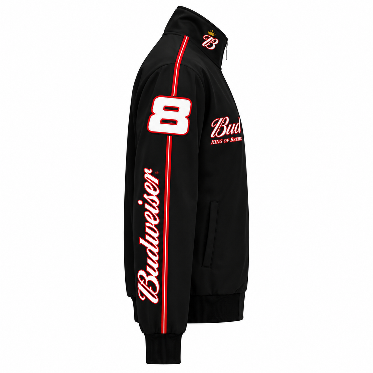 Side view of a black racing bomber jacket with red and white piping, ribbed cuffs, and racing-inspired sleeve details.