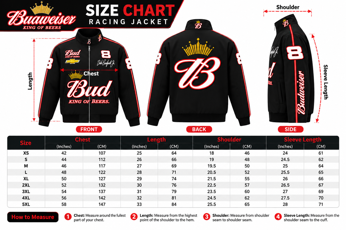 Black bomber racing jacket size chart showing sizes XS to 5XL and garment measurement guidance.