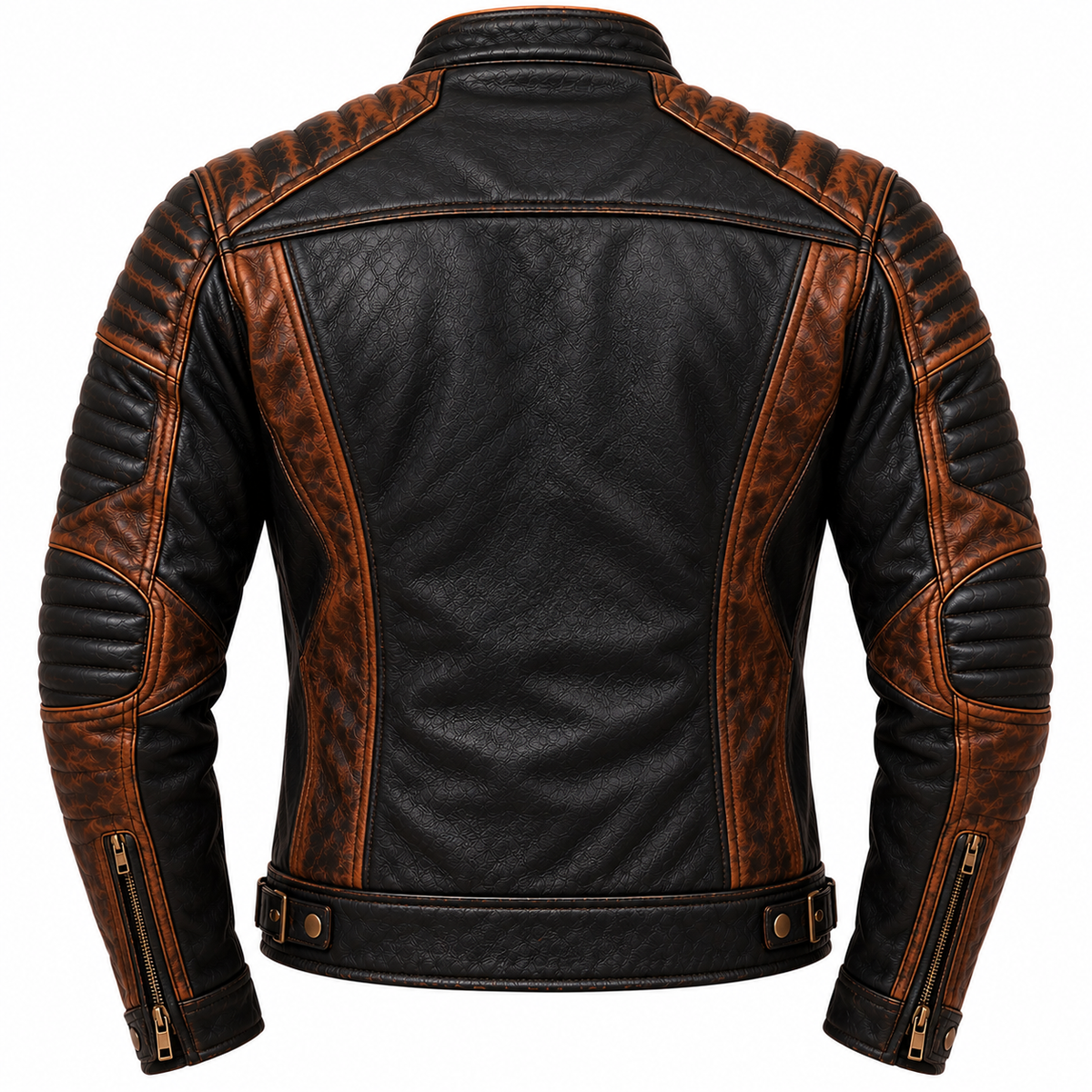 Back view of black and brown men's motorcycle jacket with quilted shoulder panels, contrast stitching, and adjustable waist details.