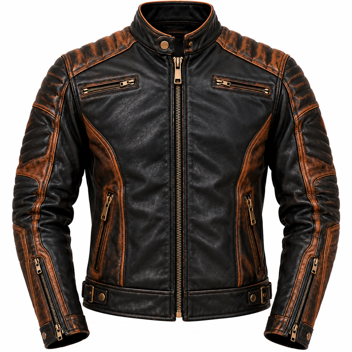 Black and brown leather biker jacket for men with quilted shoulders, zippered pockets, and a motorcycle-inspired design, front view.