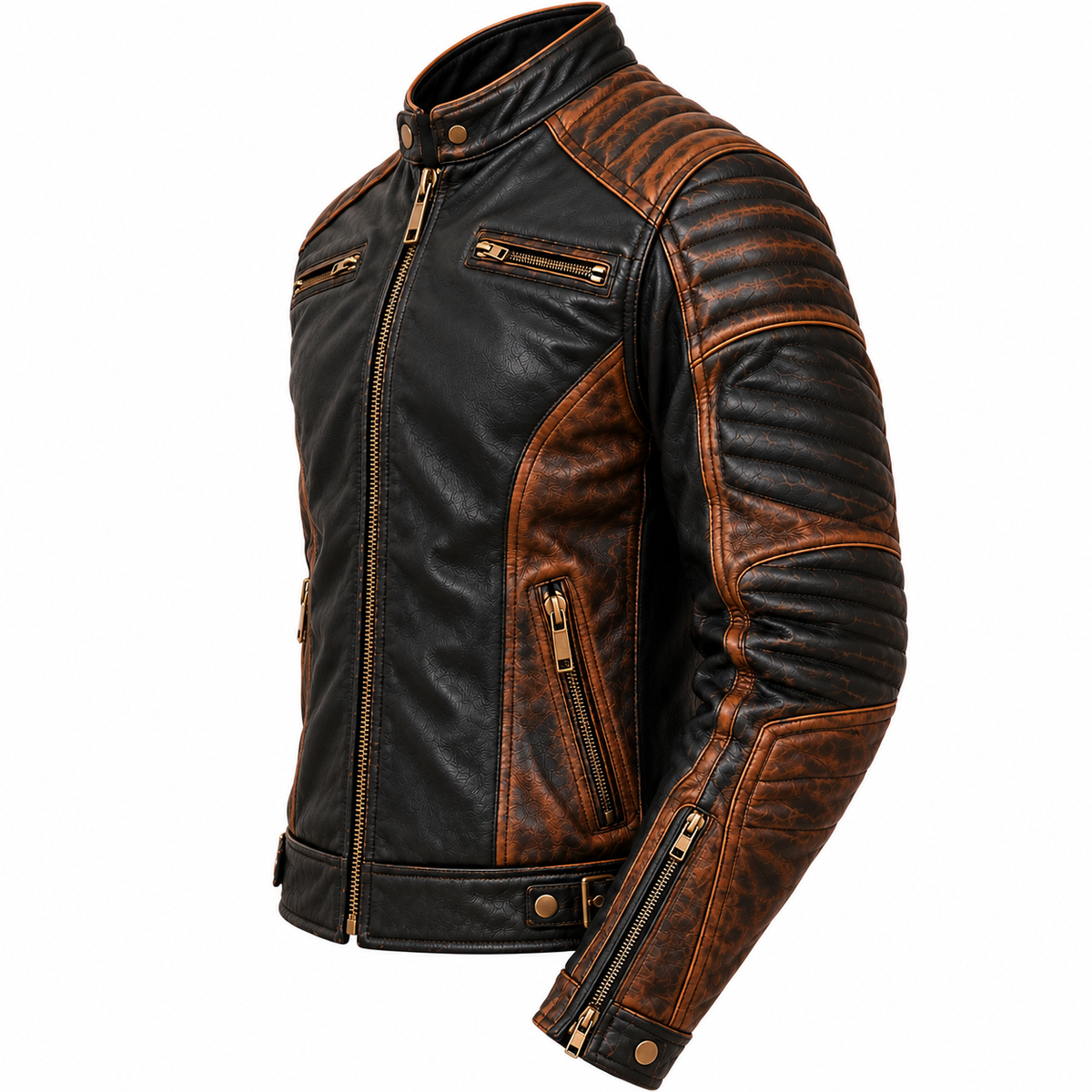 Side view of black and brown men's biker jacket featuring quilted sleeves, metal zippers, and contrasting leather panels