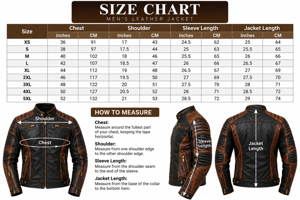 Black and brown men's biker jacket size chart showing garment measurements and instructions for measuring chest, shoulders, sleeves, and length.