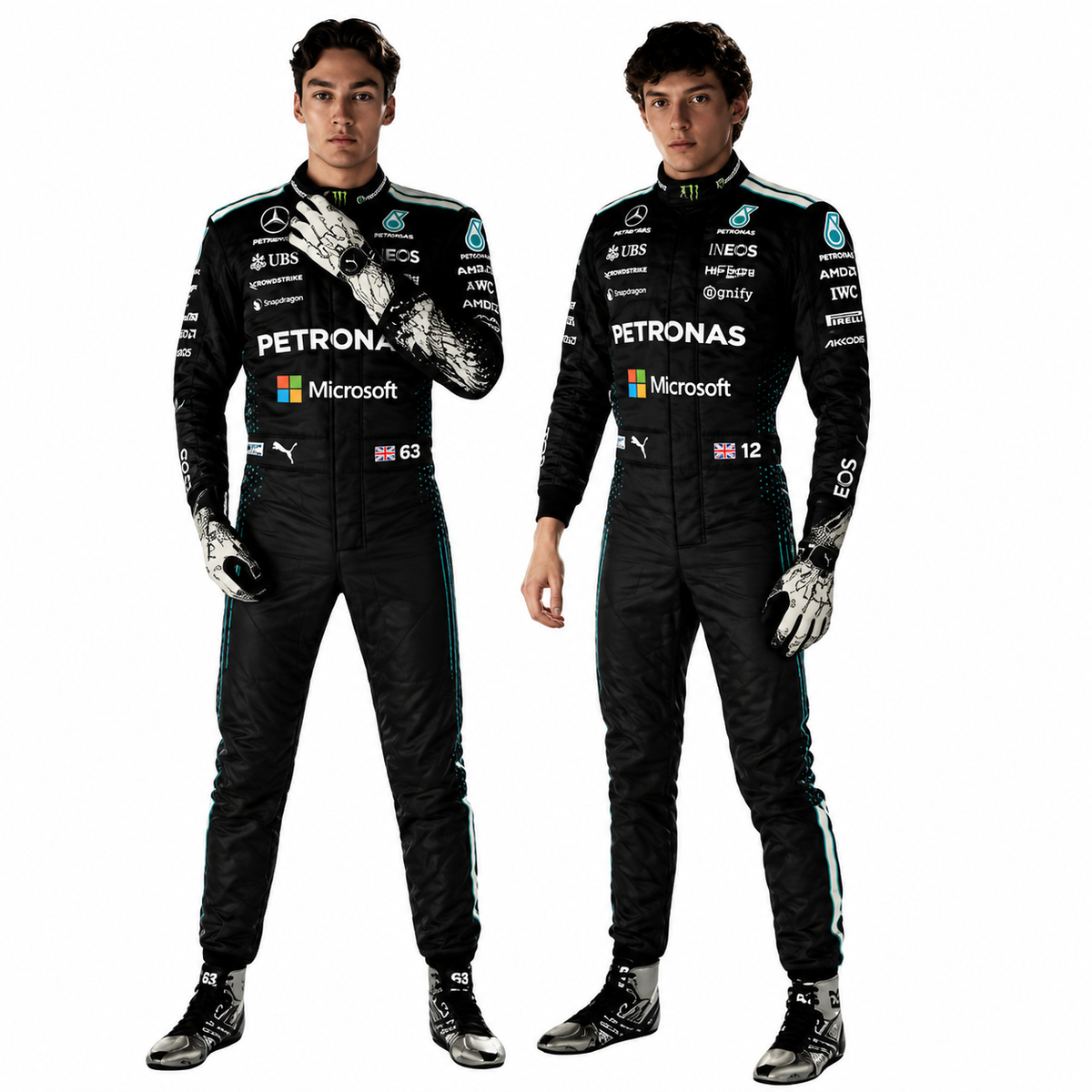 Two models wearing coordinated black Formula racing-inspired suits with teal accents, white graphics, gloves, and racing boots against a white background.