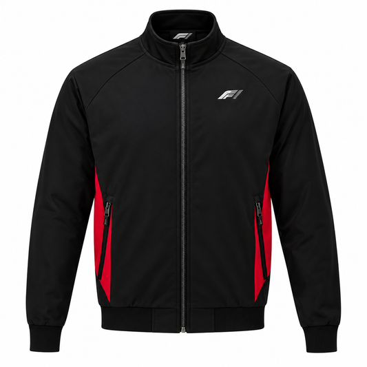 Black GR-inspired racing bomber jacket with red accents, full-zip closure, and sporty motorsport styling.
