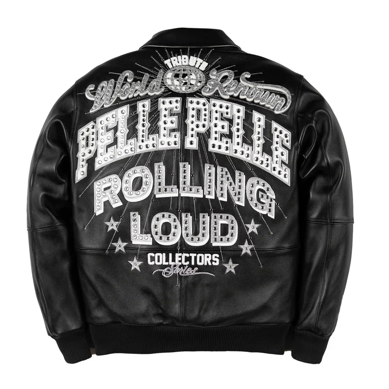 Back view of a black leather-style jacket featuring bold silver embroidered lettering, rhinestone-style embellishments, star graphics, and a detailed Collectors Series design on a white background.