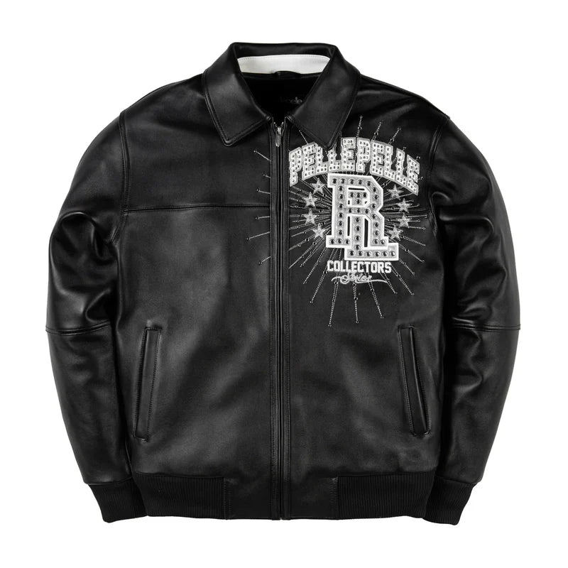 Black leather-style jacket with silver embroidered chest graphics, decorative lettering, full front zipper, and ribbed cuffs on a white background.