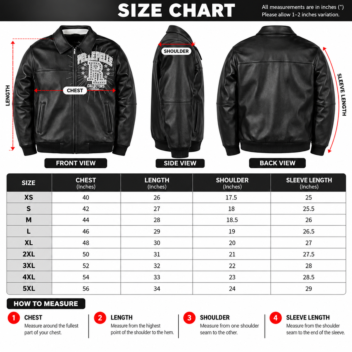 Black jacket size chart showing XS to 5XL with chest, jacket length, shoulder, and sleeve measurements, plus a how-to-measure guide.